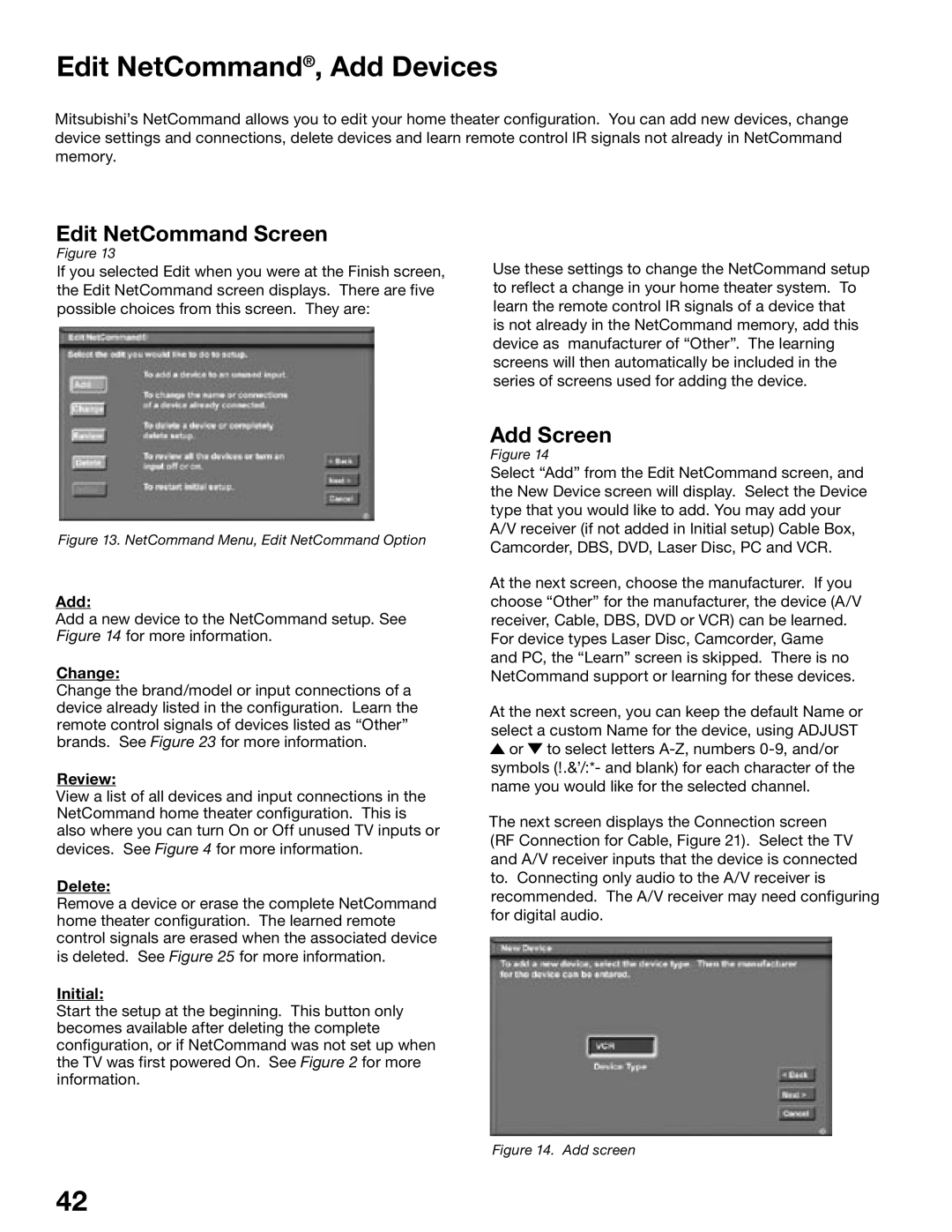 Mitsubishi Electronics WD-52525, WD-62725 manual Edit NetCommand, Add Devices, Edit NetCommand Screen, Add Screen 