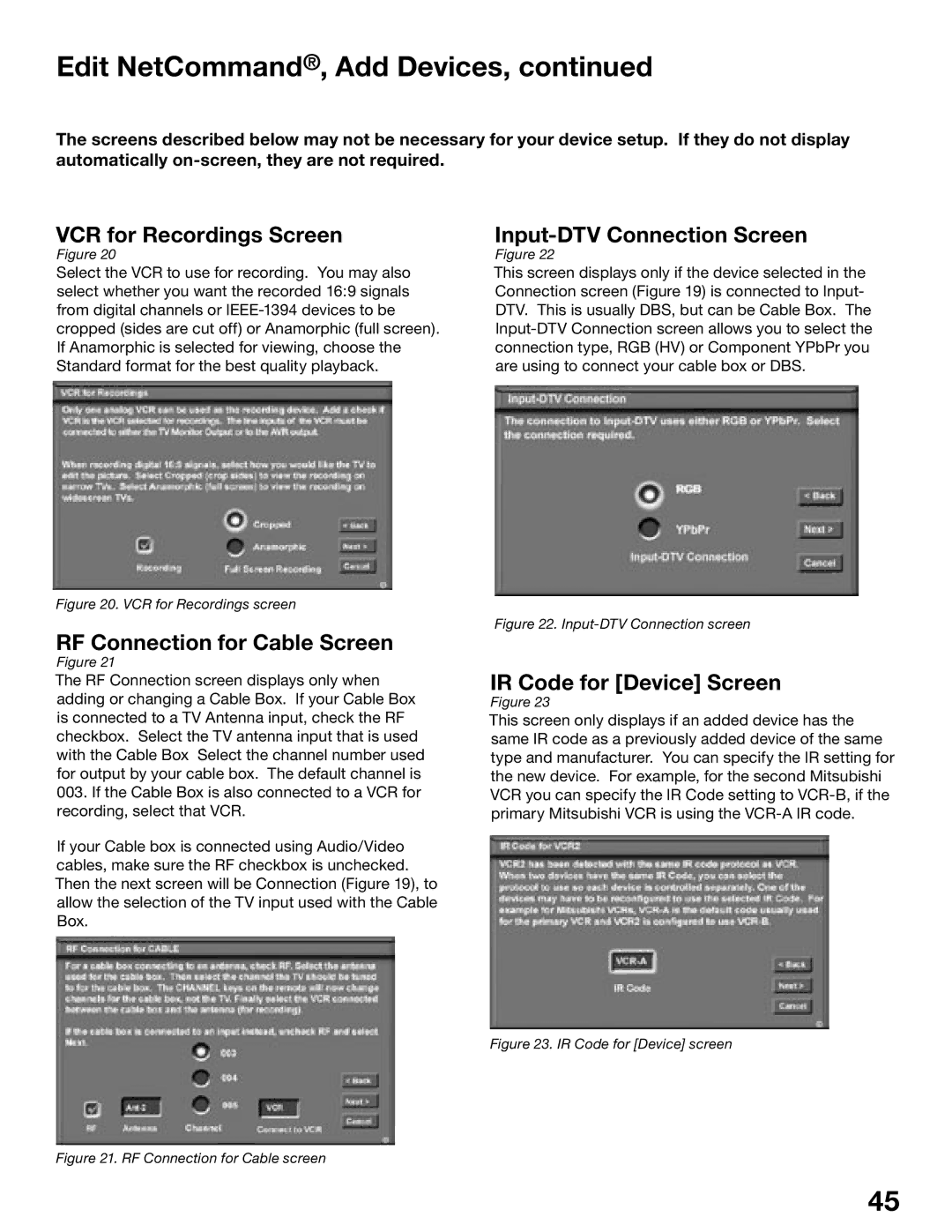 Mitsubishi Electronics WD-52525 VCR for Recordings Screen, RF Connection for Cable Screen, Input-DTV Connection Screen 