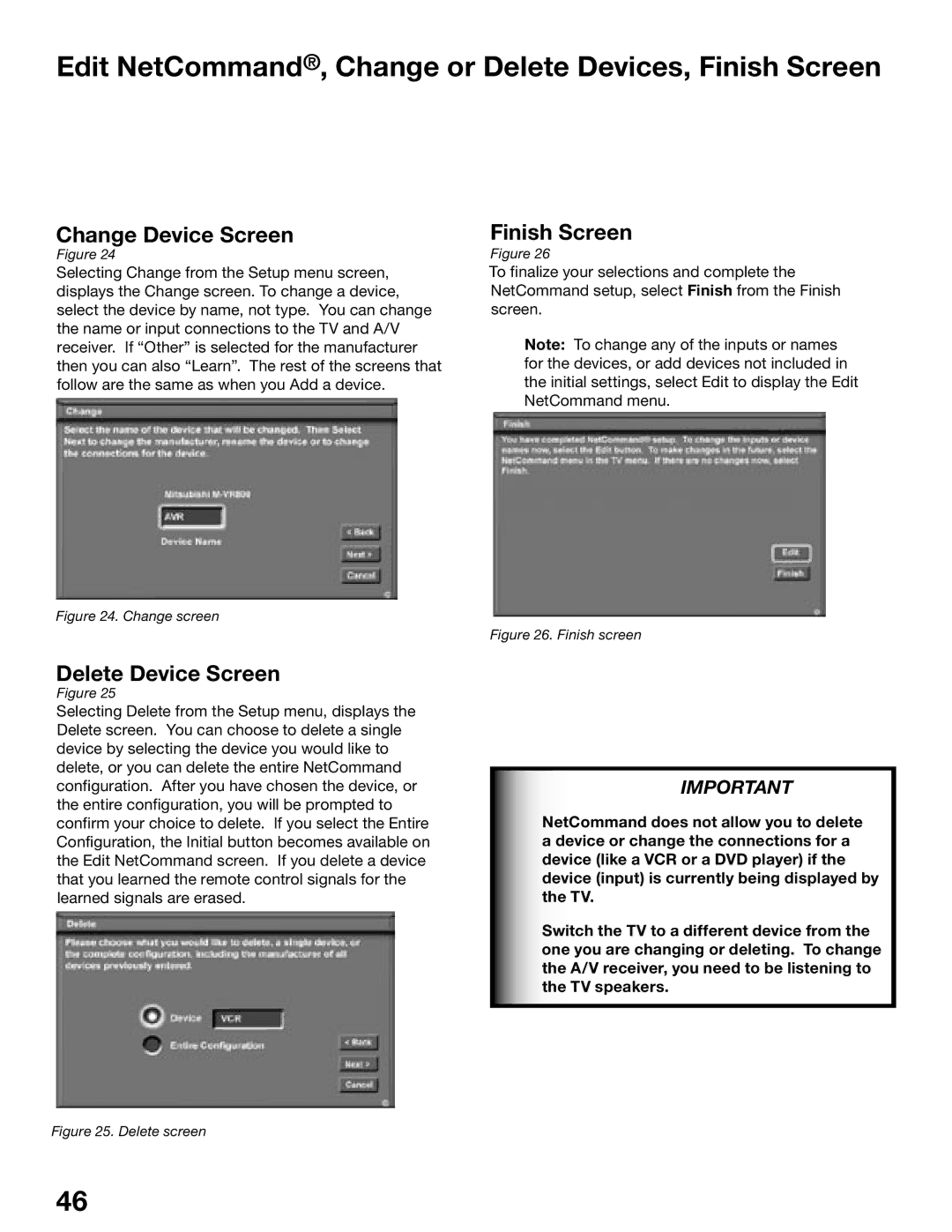 Mitsubishi Electronics WD-62725, WD-52525 Edit NetCommand, Change or Delete Devices, Finish Screen, Change Device Screen 