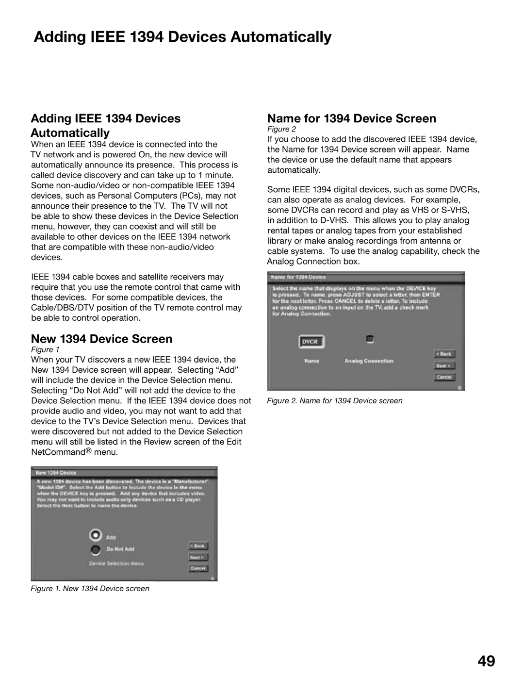 Mitsubishi Electronics WD-62725, WD-52525 manual Adding Ieee 1394 Devices Automatically, New 1394 Device Screen 