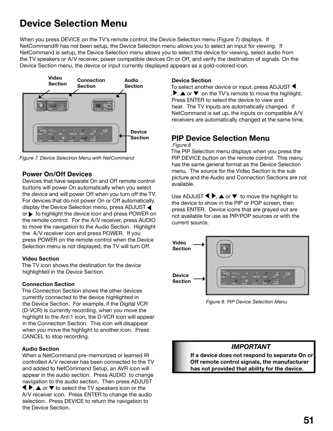 Mitsubishi Electronics WD-52525, WD-62725 manual PIP Device Selection Menu, Power On/Off Devices 