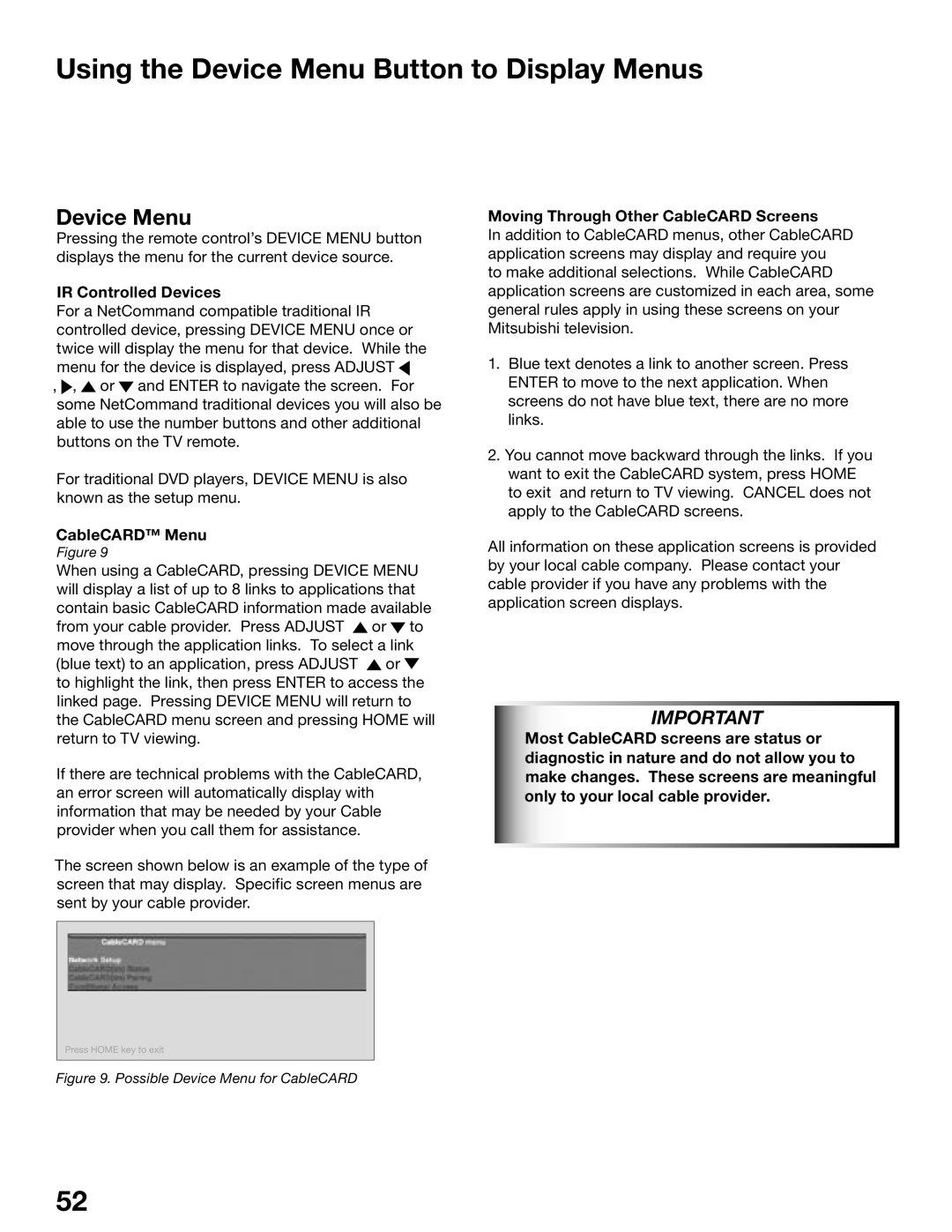 Mitsubishi Electronics WD-62725 manual Using the Device Menu Button to Display Menus, IR Controlled Devices, CableCARD Menu 