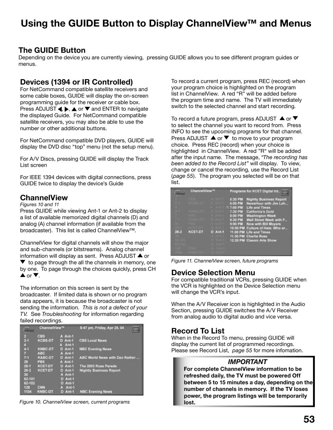 Mitsubishi Electronics WD-52725, WD-62525, WD-52525, WD-62725 Using the Guide Button to Display ChannelView and Menus 