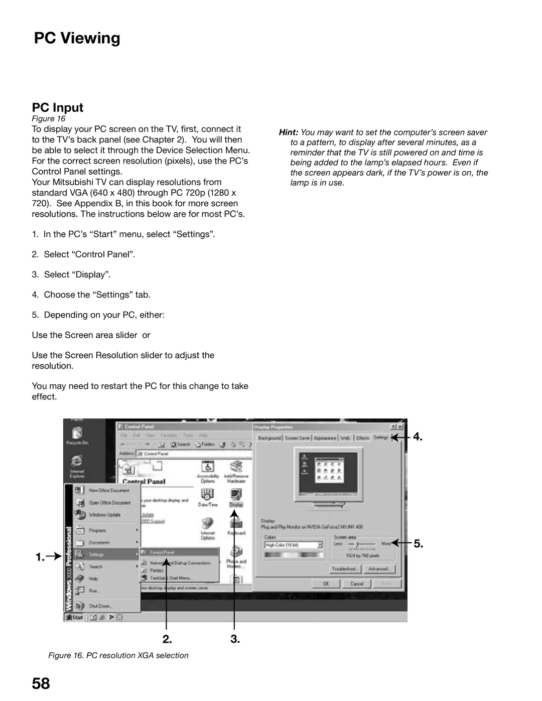 Mitsubishi Electronics WD-52725, WD-62525, WD-52525, WD-62725 manual PC Viewing, PC Input 