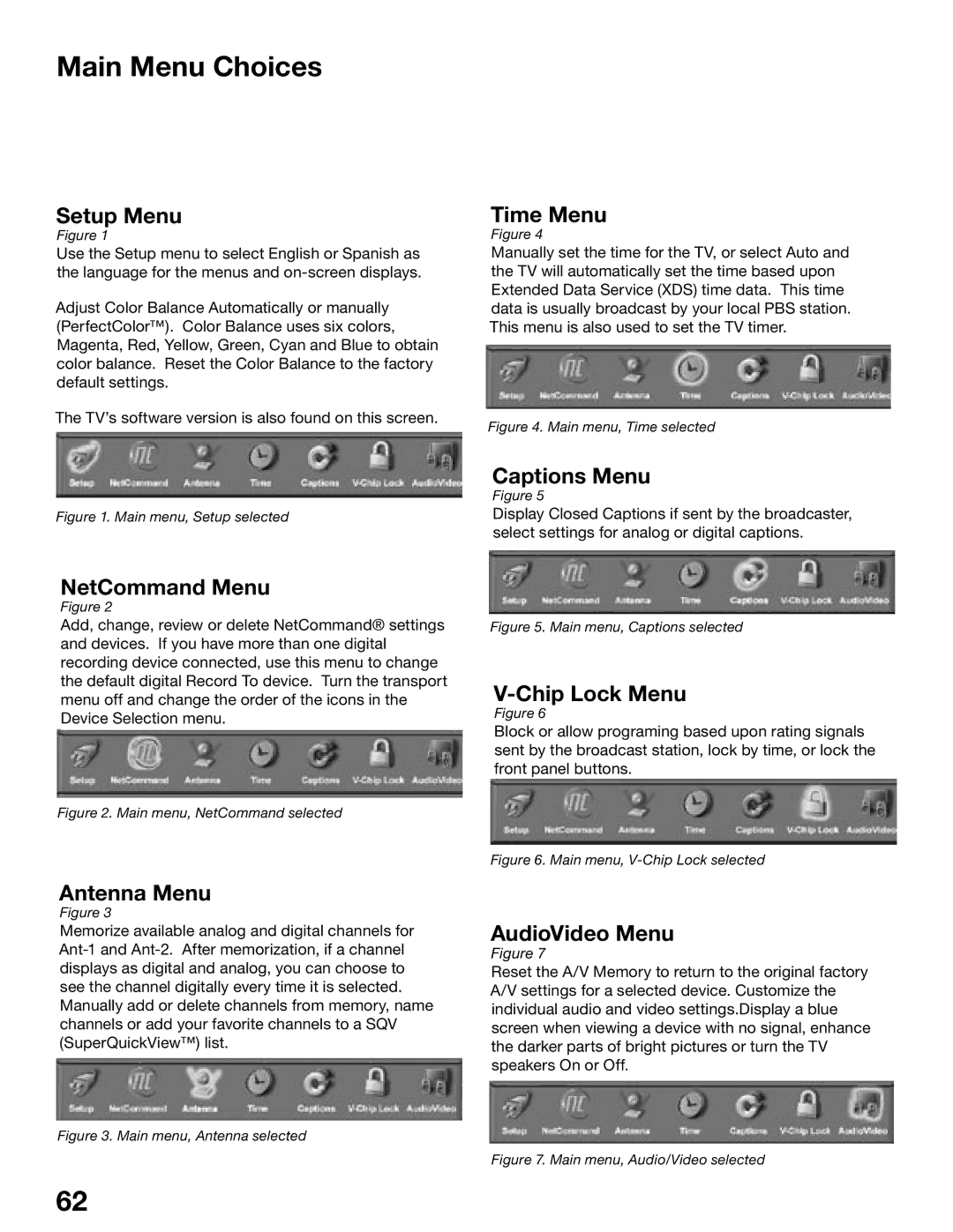 Mitsubishi Electronics WD-52725, WD-62525, WD-52525, WD-62725 manual Main Menu Choices, Main menu, Setup selected 