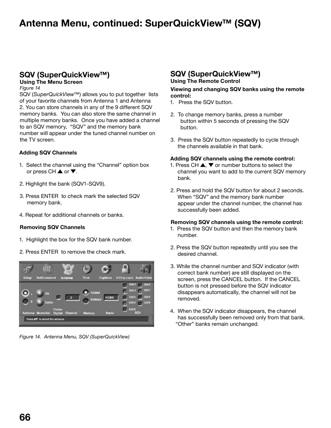 Mitsubishi Electronics WD-52525, WD-62725 manual Antenna Menu, SuperQuickView SQV, SQV SuperQuickView 