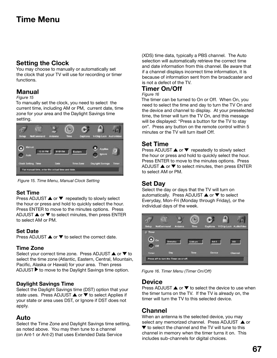 Mitsubishi Electronics WD-52725, WD-62525, WD-52525, WD-62725 manual Time Menu 