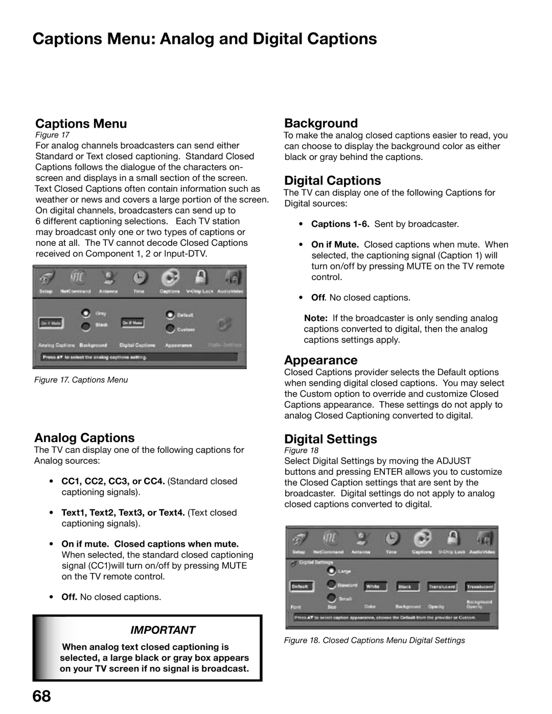 Mitsubishi Electronics WD-52725, WD-62525, WD-52525, WD-62725 manual Captions Menu Analog and Digital Captions 