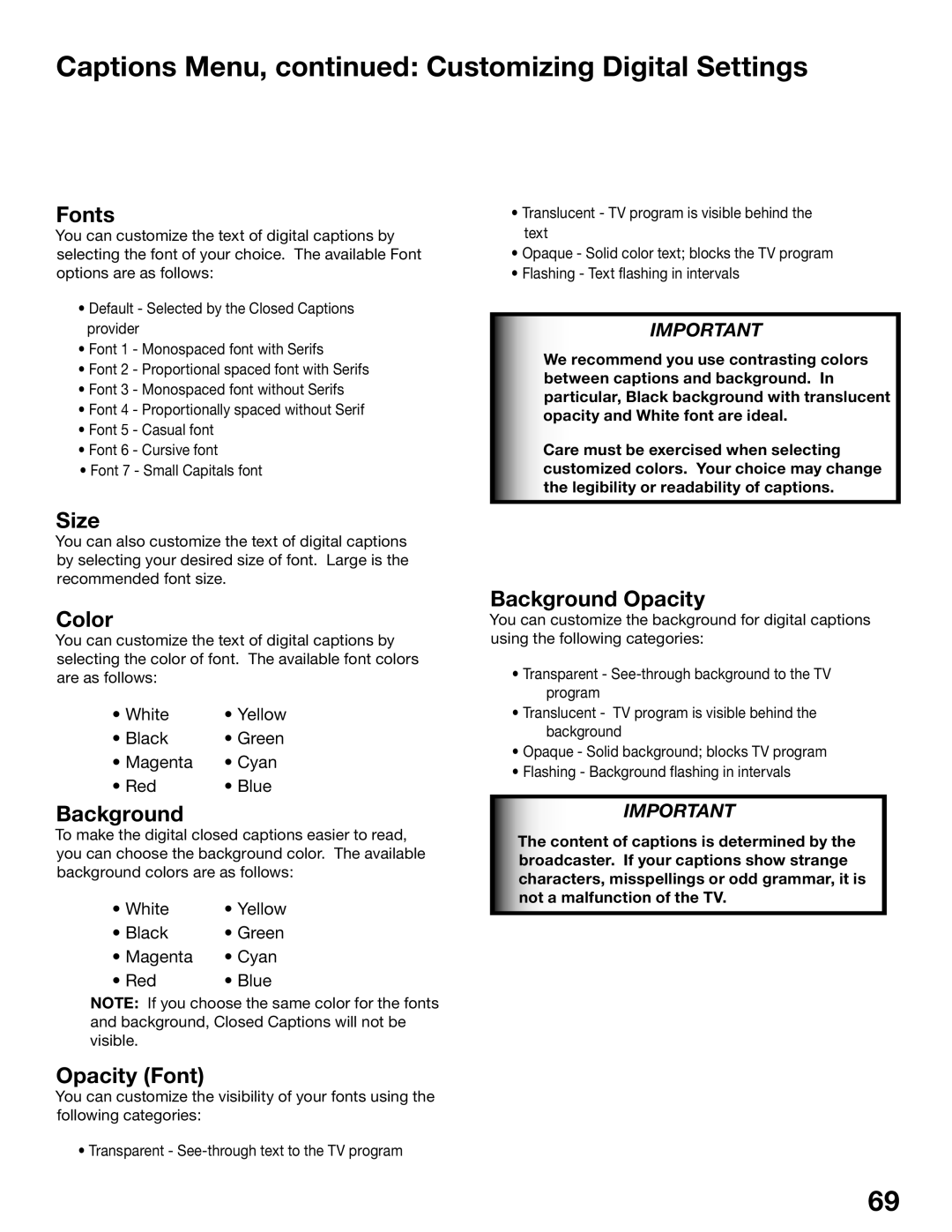 Mitsubishi Electronics WD-52525, WD-62725 manual Captions Menu, Customizing Digital Settings 