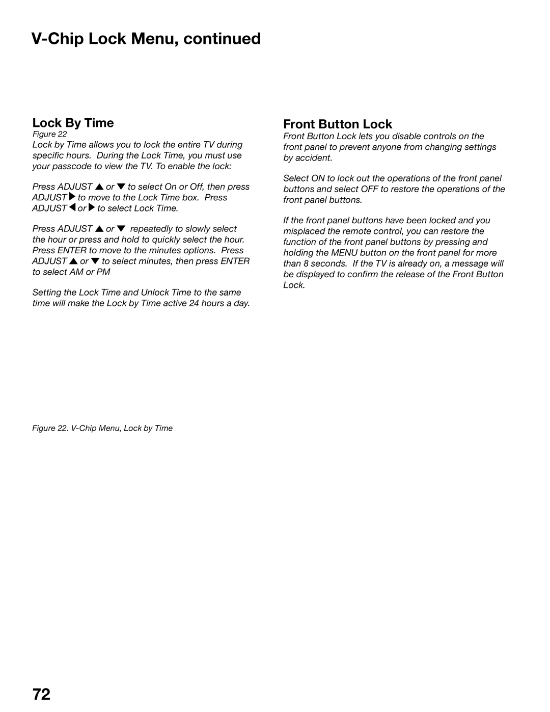 Mitsubishi Electronics WD-52525, WD-62725 manual Chip Lock Menu, Lock By Time, Front Button Lock 