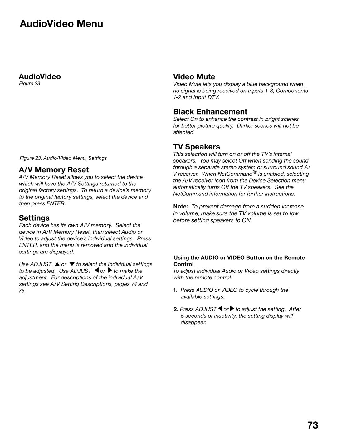 Mitsubishi Electronics WD-52725, WD-62525, WD-52525, WD-62725 manual AudioVideo Menu 