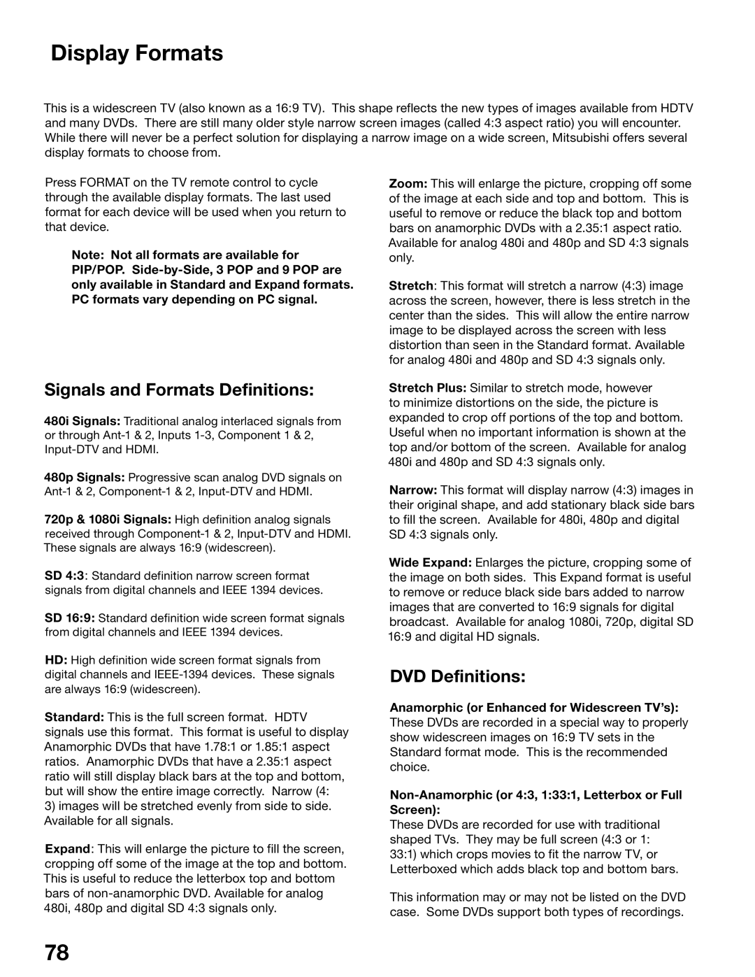 Mitsubishi Electronics WD-52525, WD-62725 manual Display Formats, Signals and Formats Definitions, DVD Definitions 