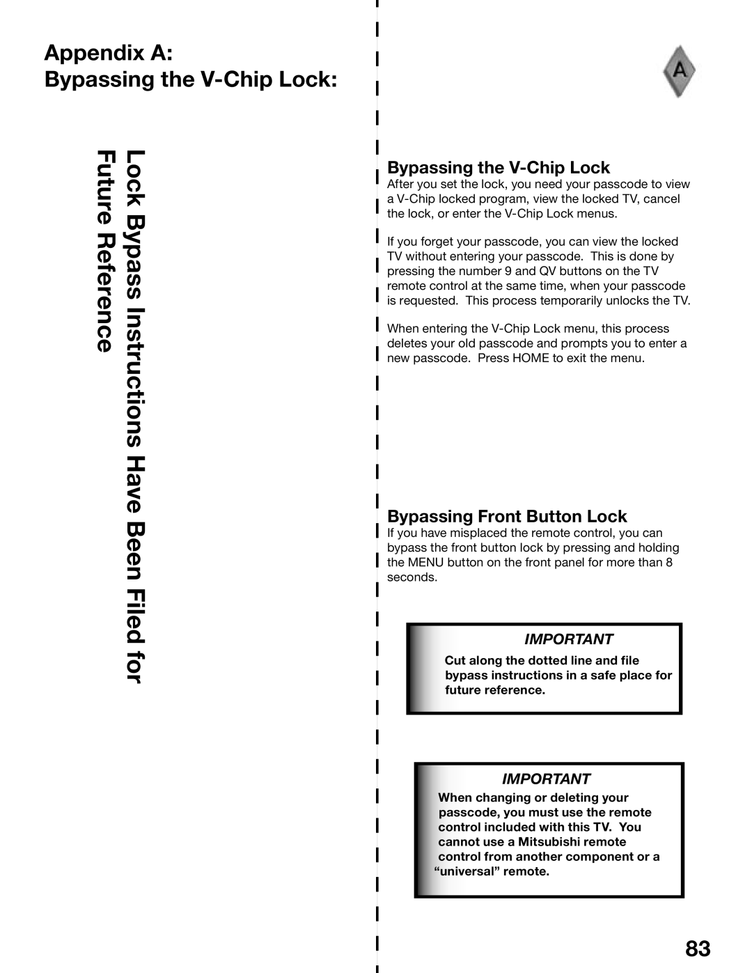 Mitsubishi Electronics WD-52725, WD-62525, WD-52525, WD-62725 manual Appendix a Bypassing the V-Chip Lock 