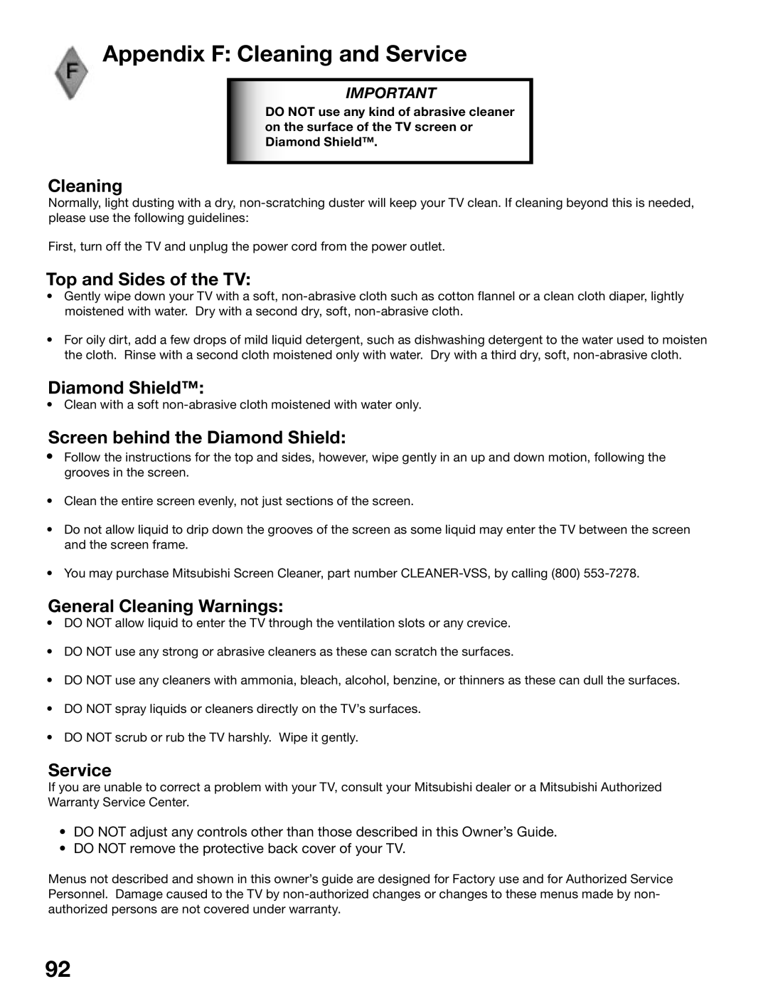 Mitsubishi Electronics WD-52725, WD-62525, WD-52525, WD-62725 manual Appendix F Cleaning and Service 