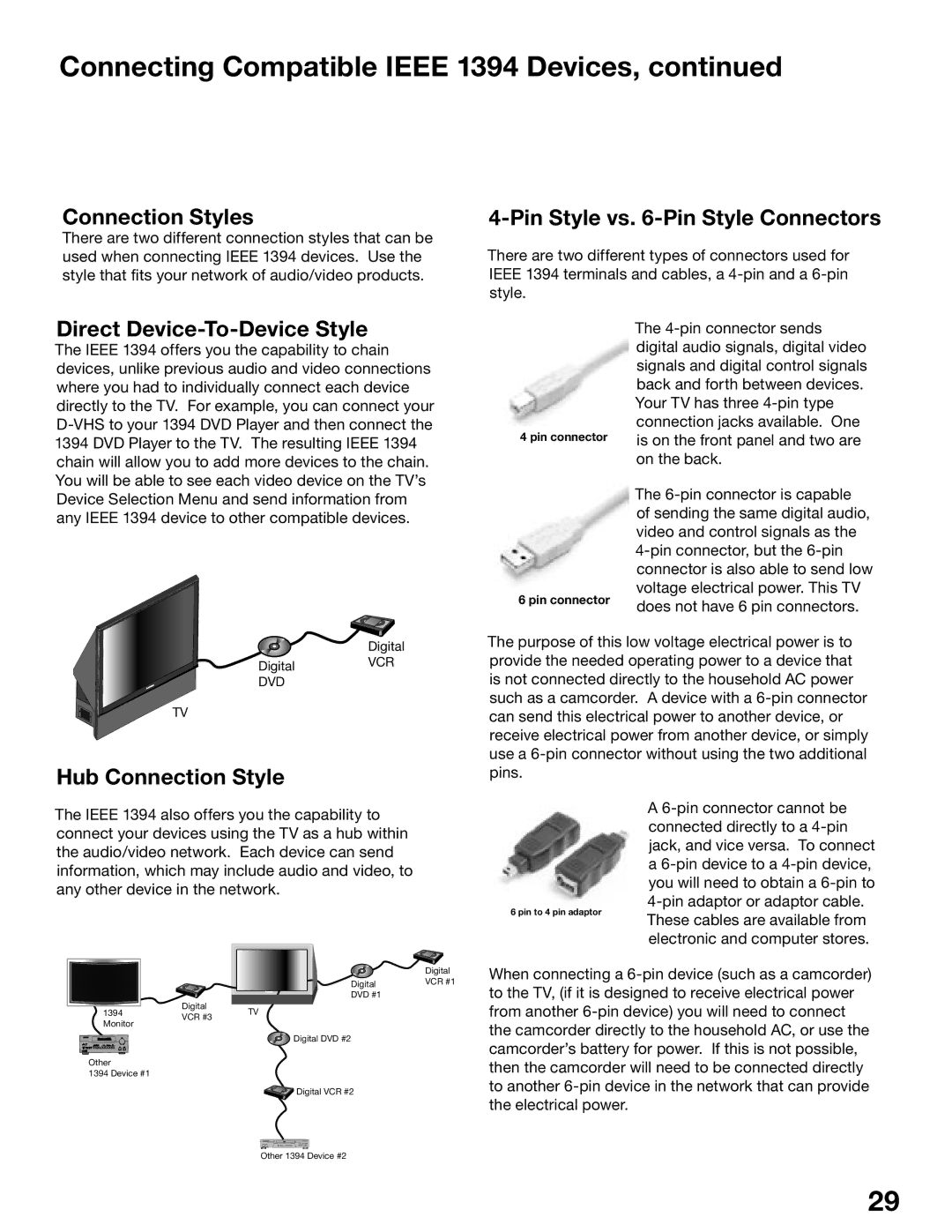 Mitsubishi Electronics WD-62525 manual Connection Styles, Pin Style vs -Pin Style Connectors, Direct Device-To-Device Style 