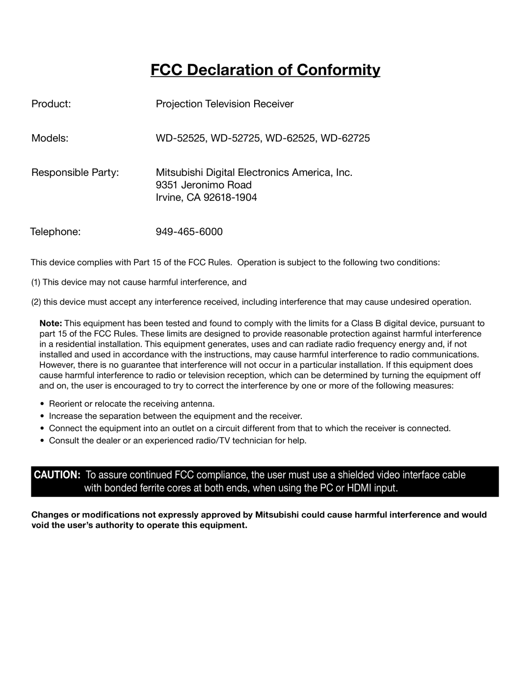 Mitsubishi Electronics WD-62525, WD-52725 manual FCC Declaration of Conformity 