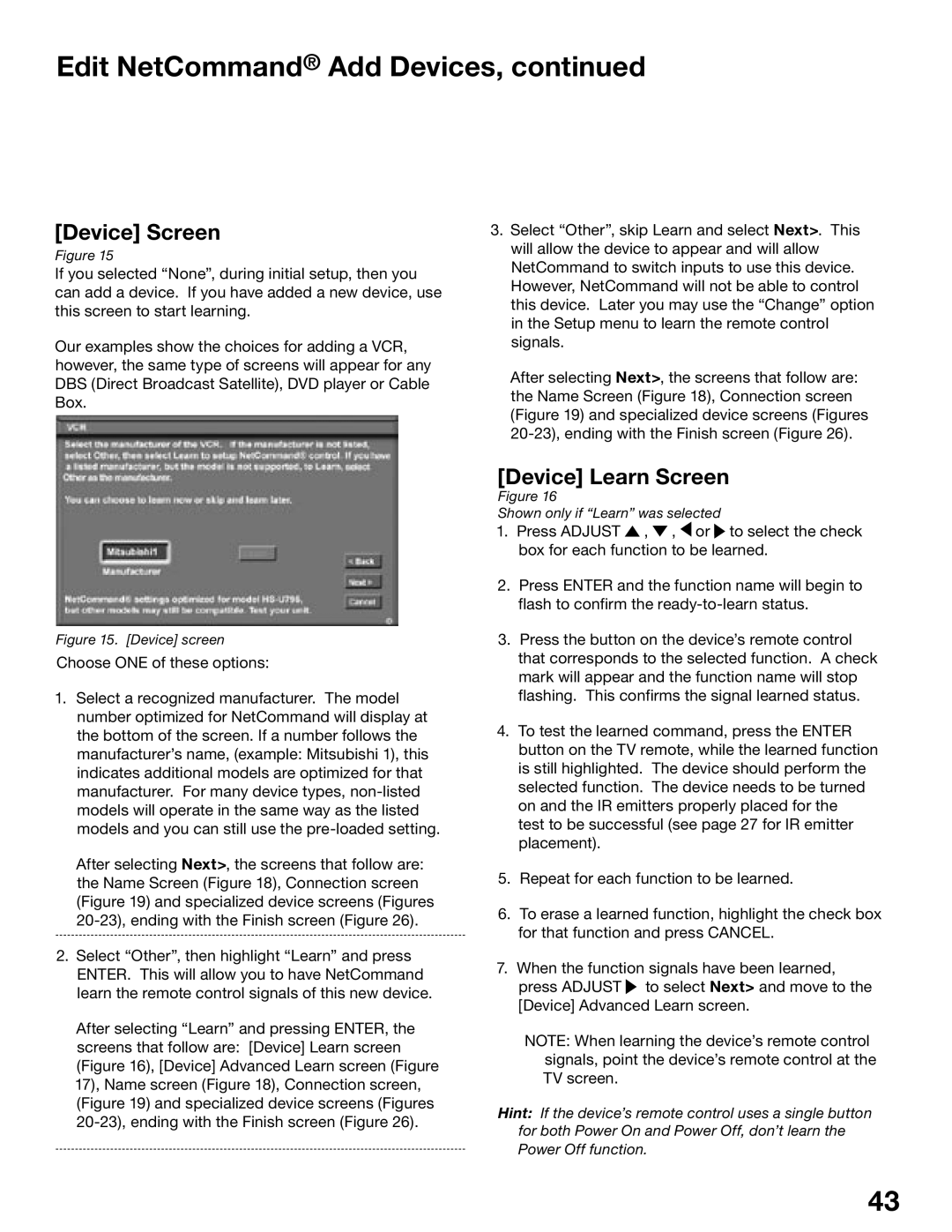 Mitsubishi Electronics WD-62525, WD-52725 manual Edit NetCommand Add Devices, Device Screen, Device Learn Screen 