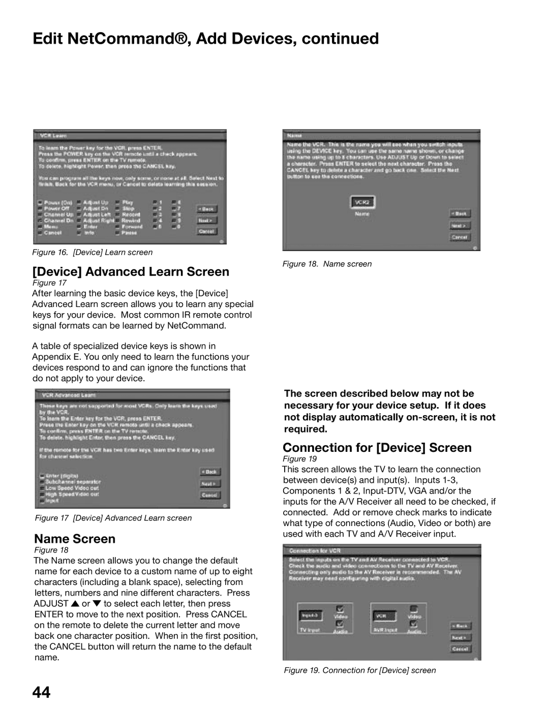 Mitsubishi Electronics WD-52725, WD-62525 manual Device Advanced Learn Screen, Connection for Device Screen 