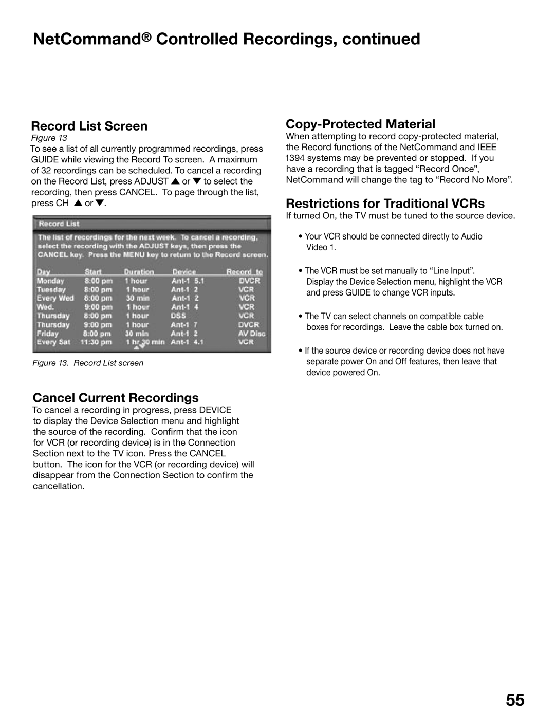 Mitsubishi Electronics WD-62525, WD-52725 Record List Screen, Copy-Protected Material, Restrictions for Traditional VCRs 