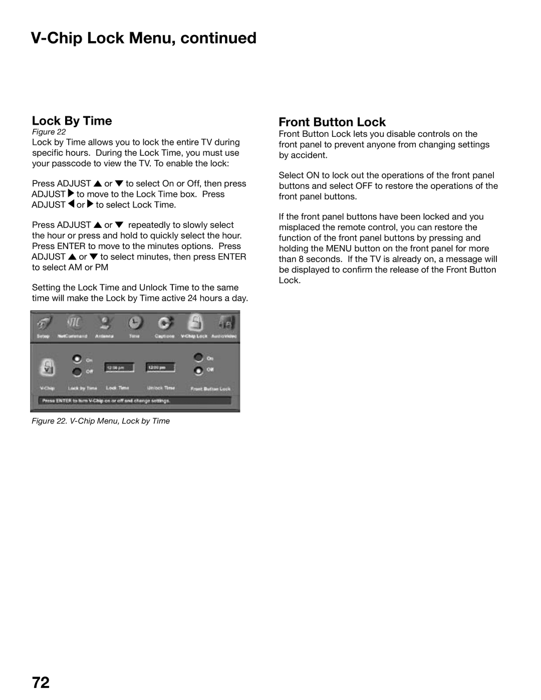 Mitsubishi Electronics WD-52725, WD-62525 manual Chip Lock Menu, Lock By Time, Front Button Lock 