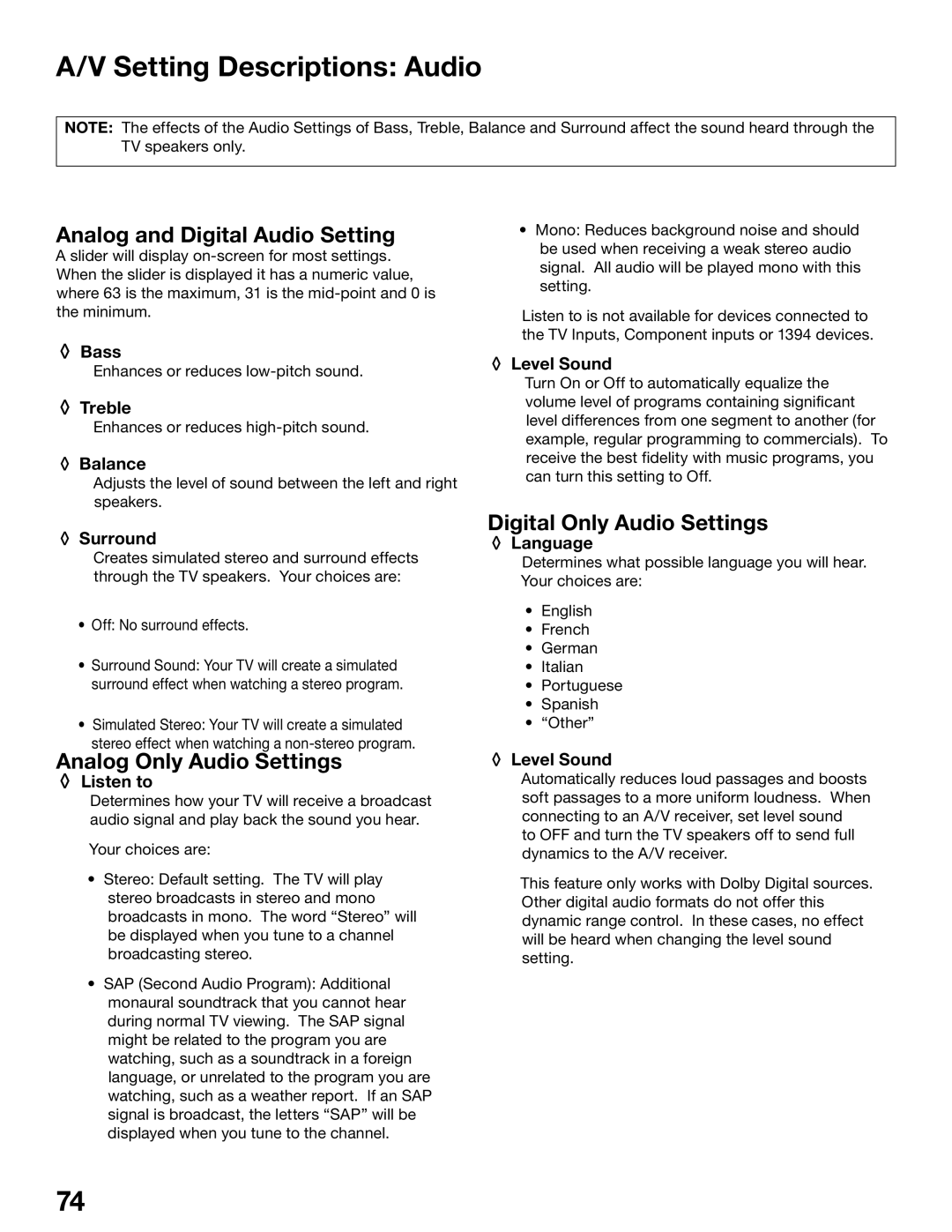 Mitsubishi Electronics WD-52725 Setting Descriptions Audio, Analog and Digital Audio Setting, Analog Only Audio Settings 