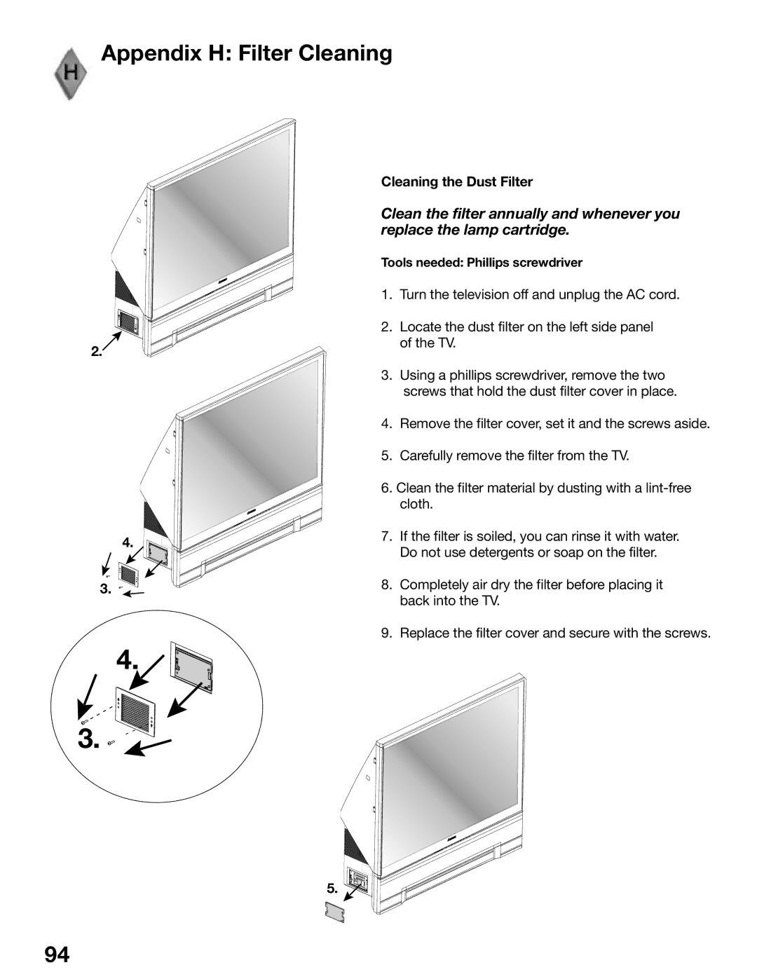 Mitsubishi Electronics WD-52725, WD-62525 manual Appendix H Filter Cleaning, Replace the lamp cartridge 