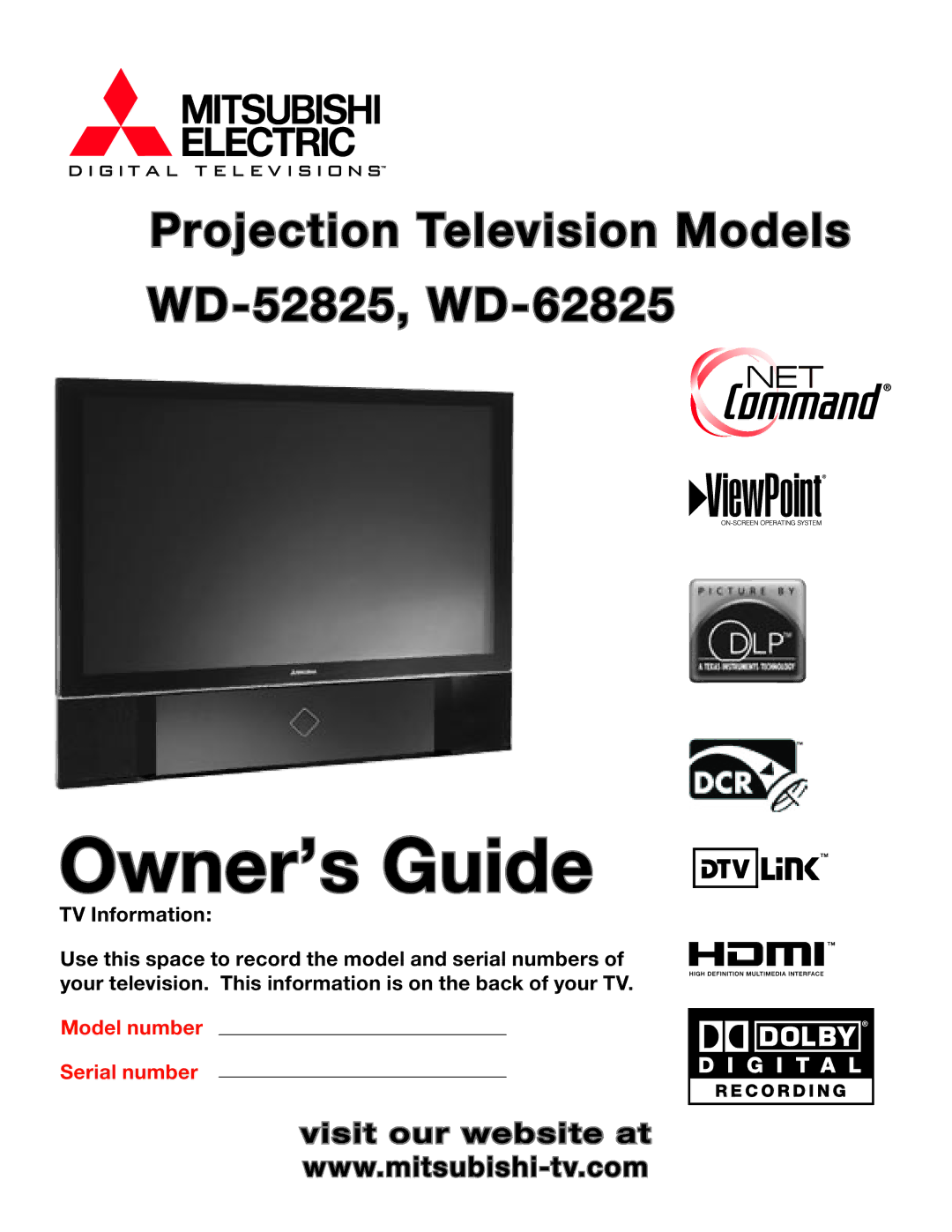 Mitsubishi Electronics WD-62825, WD-52825 manual Owner’s Guide 