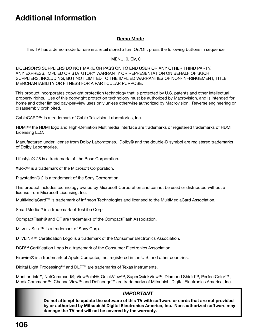 Mitsubishi Electronics WD-52825, WD-62825 manual Additional Information, 106 