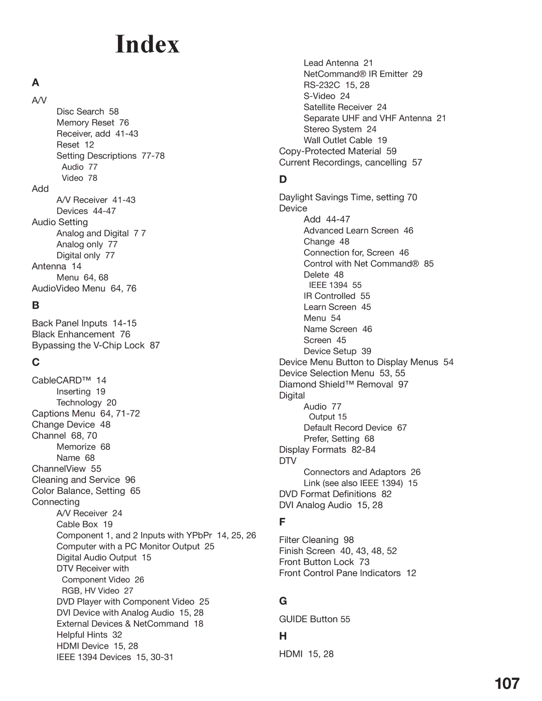 Mitsubishi Electronics WD-62825, WD-52825 manual Index, 107 