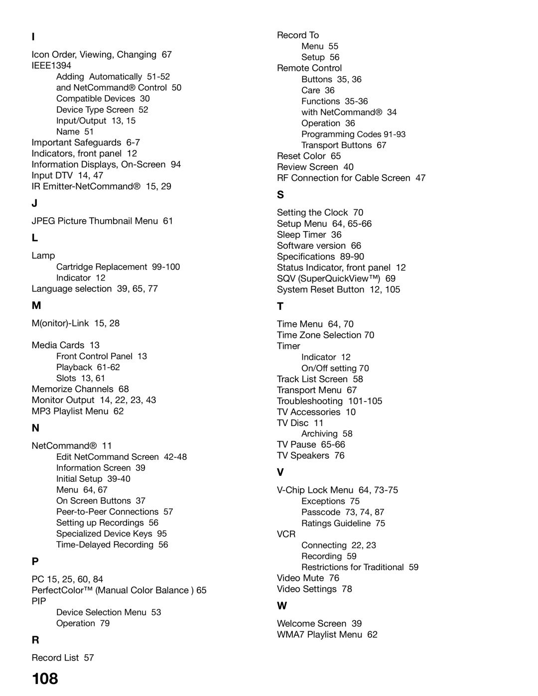 Mitsubishi Electronics WD-52825, WD-62825 manual 108, Icon Order, Viewing, Changing 67 IEEE1394 