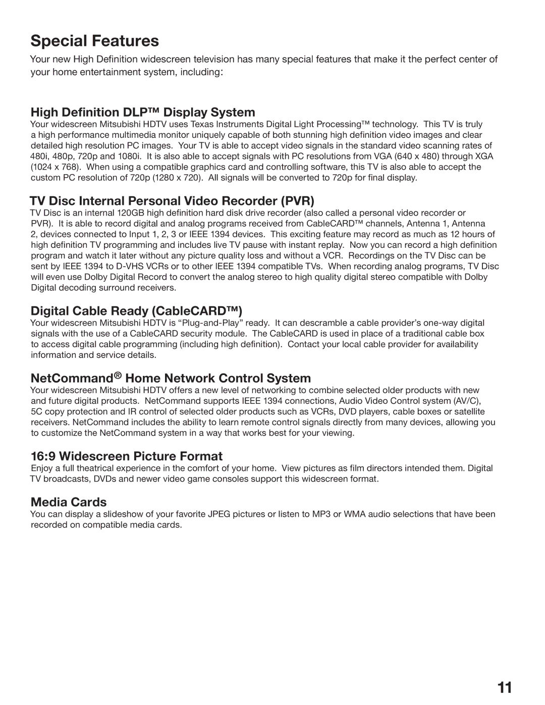 Mitsubishi Electronics WD-62825, WD-52825 manual Special Features 