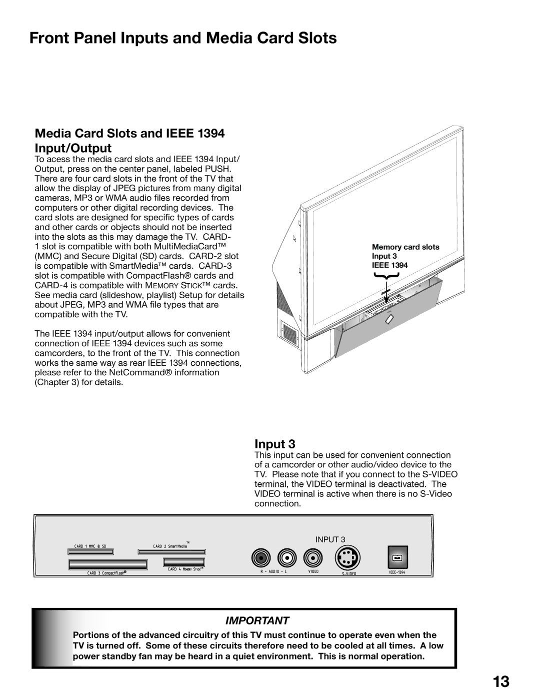 Mitsubishi Electronics WD-62825 manual Front Panel Inputs and Media Card Slots, Media Card Slots and Ieee 1394 Input/Output 