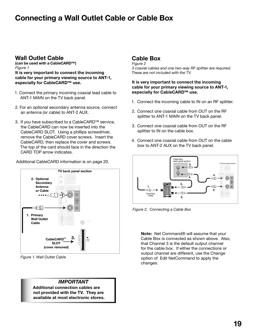 Mitsubishi Electronics WD-62825, WD-52825 manual Connecting a Wall Outlet Cable or Cable Box 