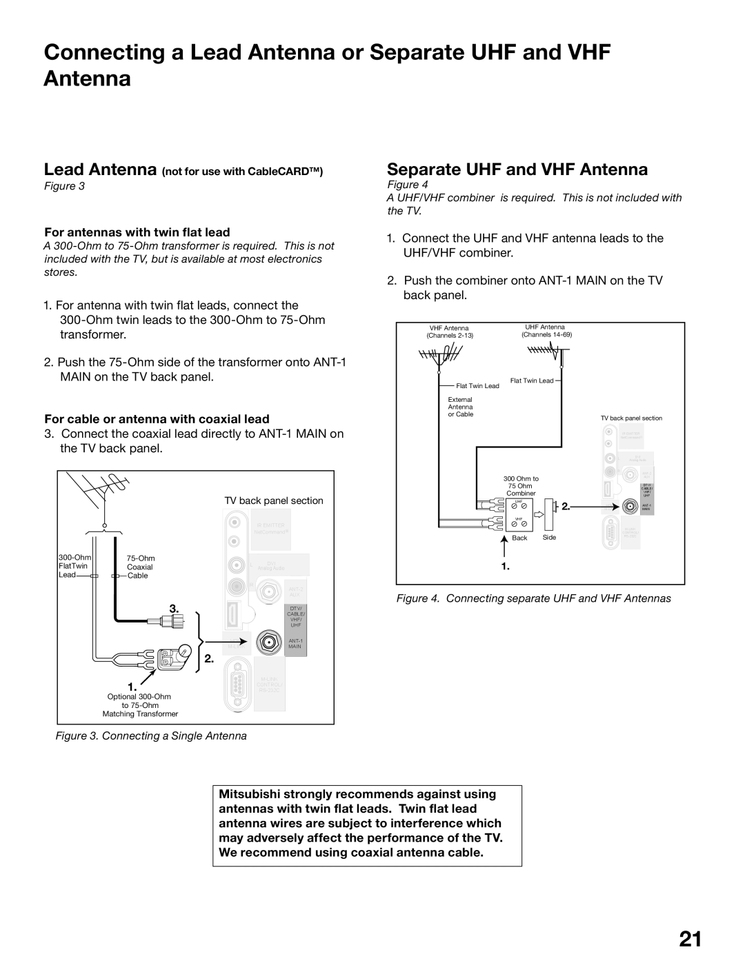 Mitsubishi Electronics WD-62825, WD-52825 manual Connecting a Lead Antenna or Separate UHF and VHF Antenna 