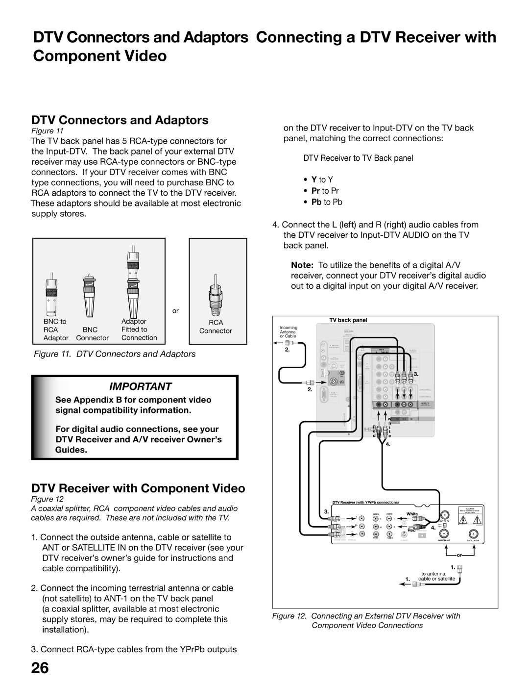 Mitsubishi Electronics WD-52825, WD-62825 manual DTV Connectors and Adaptors, DTV Receiver with Component Video 