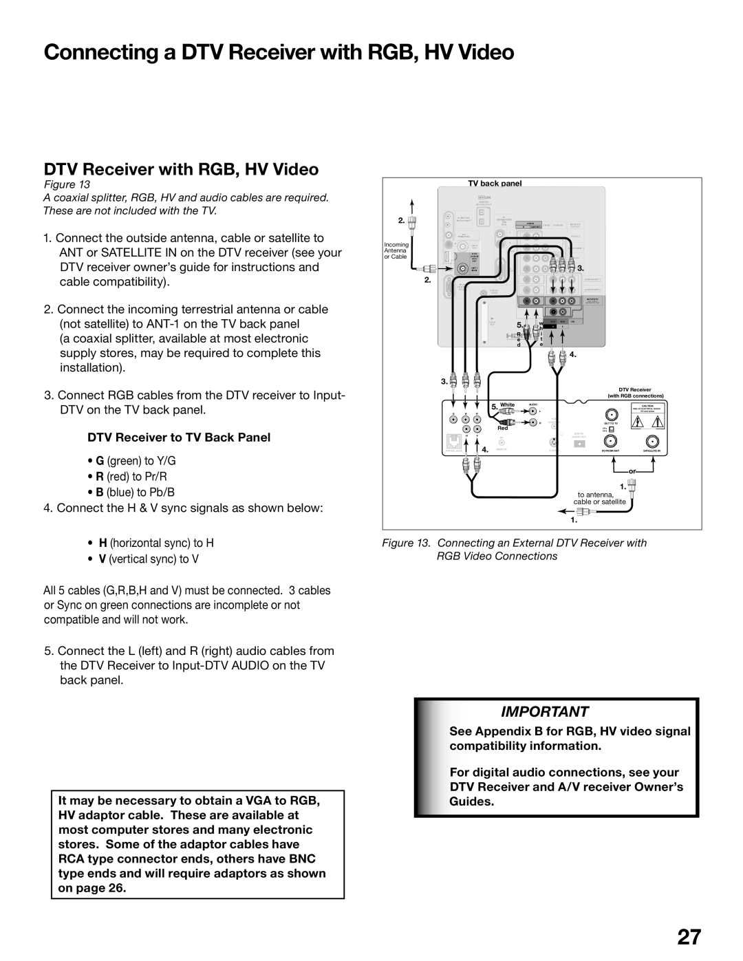 Mitsubishi Electronics WD-62825, WD-52825 manual Connecting a DTV Receiver with RGB, HV Video, DTV Receiver to TV Back Panel 