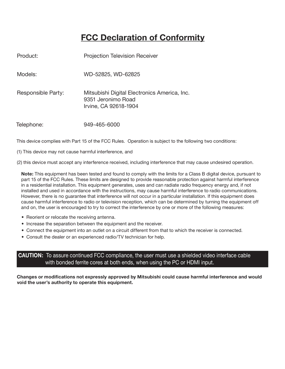 Mitsubishi Electronics WD-62825, WD-52825 manual FCC Declaration of Conformity 