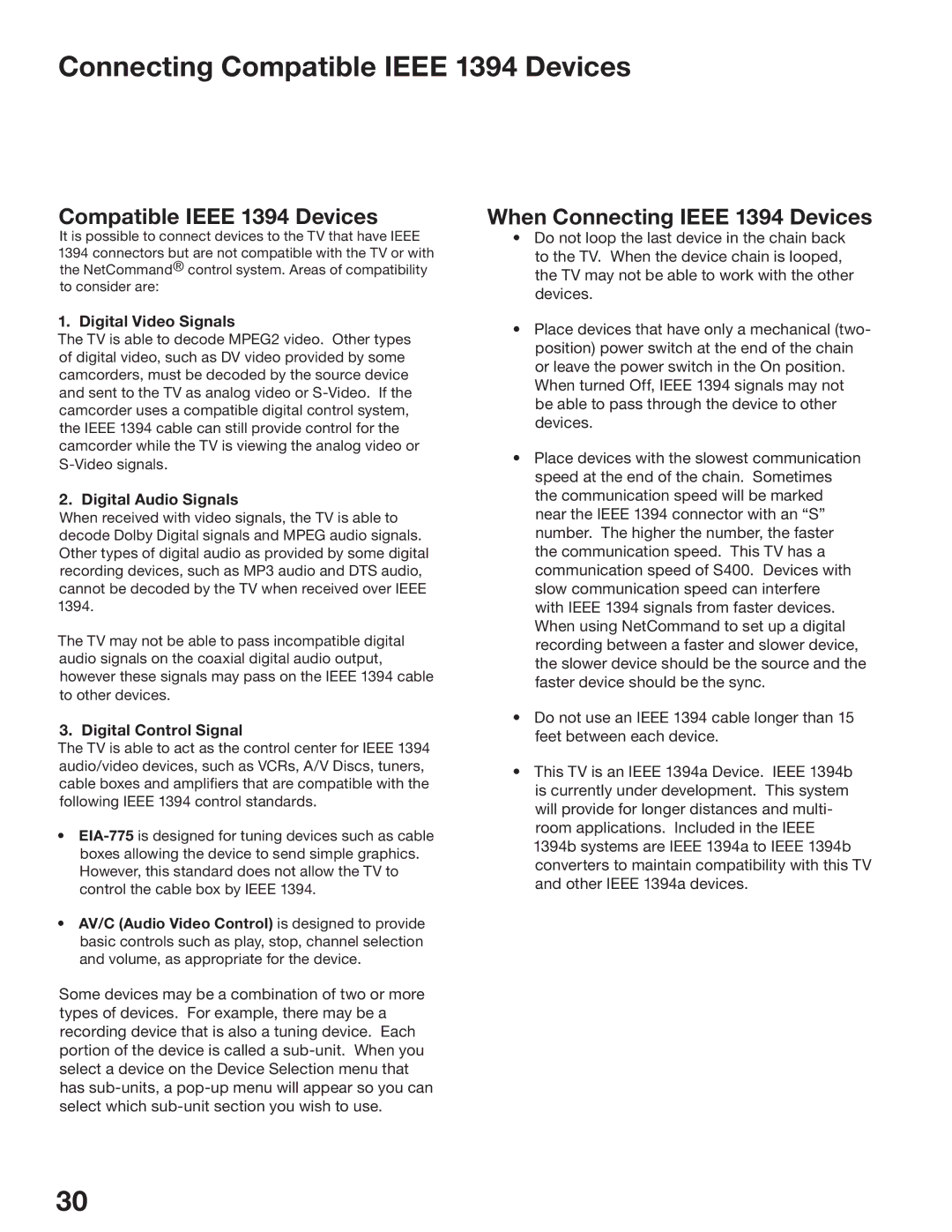 Mitsubishi Electronics WD-52825, WD-62825 manual Connecting Compatible Ieee 1394 Devices, When Connecting Ieee 1394 Devices 