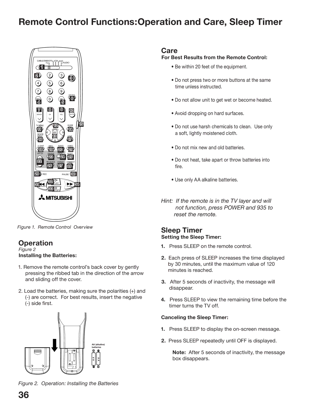 Mitsubishi Electronics WD-52825 manual Remote Control FunctionsOperation and Care, Sleep Timer, Installing the Batteries 