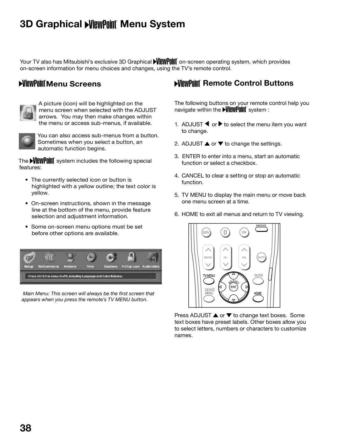 Mitsubishi Electronics WD-52825, WD-62825 manual 3D Graphical Menu System, Remote Control Buttons 