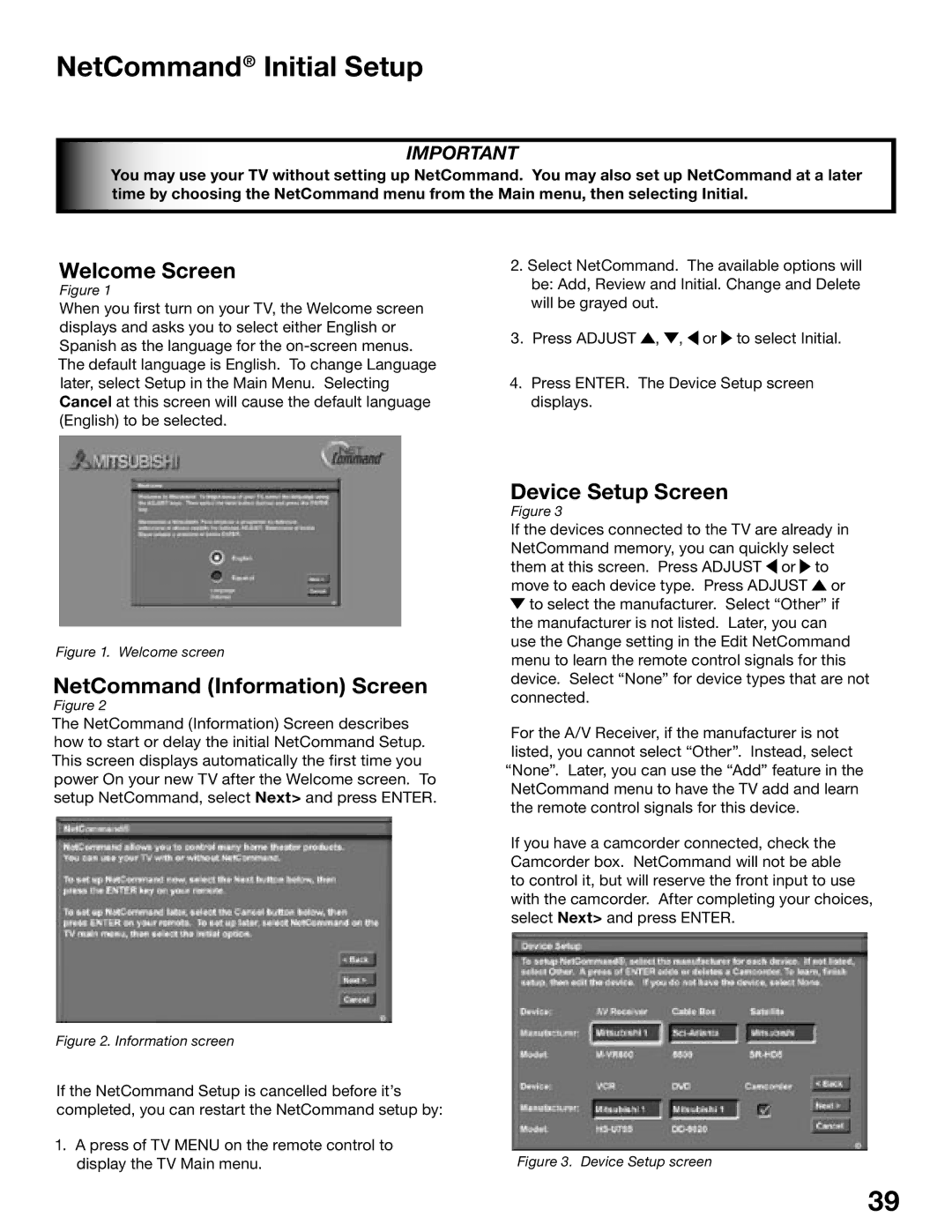 Mitsubishi Electronics WD-62825, WD-52825 manual NetCommand Initial Setup, Welcome Screen, NetCommand Information Screen 