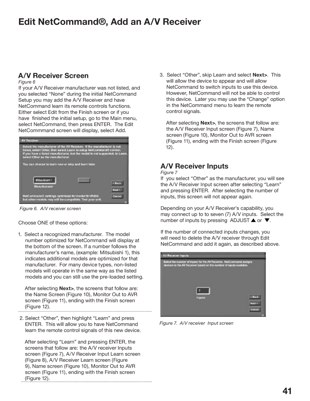 Mitsubishi Electronics WD-62825, WD-52825 manual Edit NetCommand, Add an A/V Receiver, Receiver Screen, Receiver Inputs 