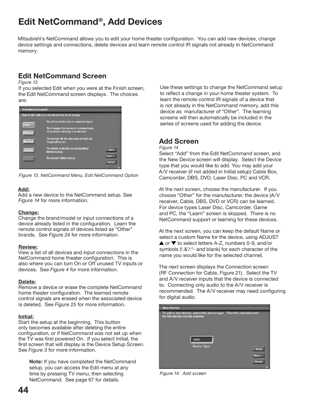 Mitsubishi Electronics WD-52825, WD-62825 manual Edit NetCommand, Add Devices, Edit NetCommand Screen, Add Screen 