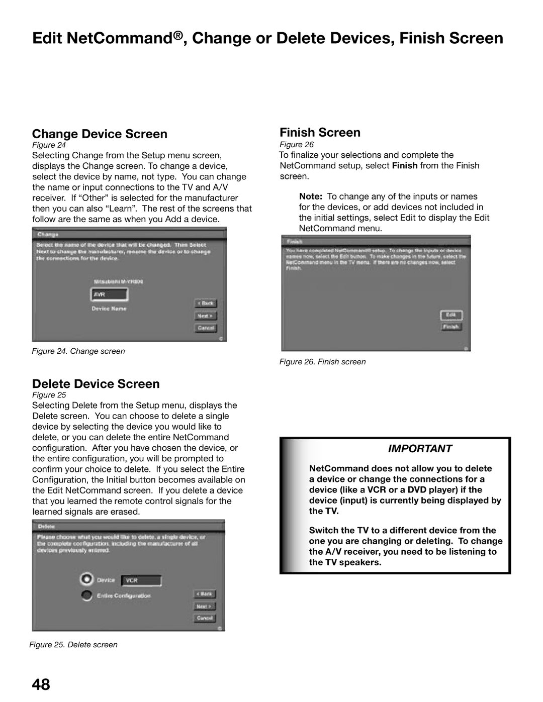 Mitsubishi Electronics WD-52825, WD-62825 Edit NetCommand, Change or Delete Devices, Finish Screen, Change Device Screen 