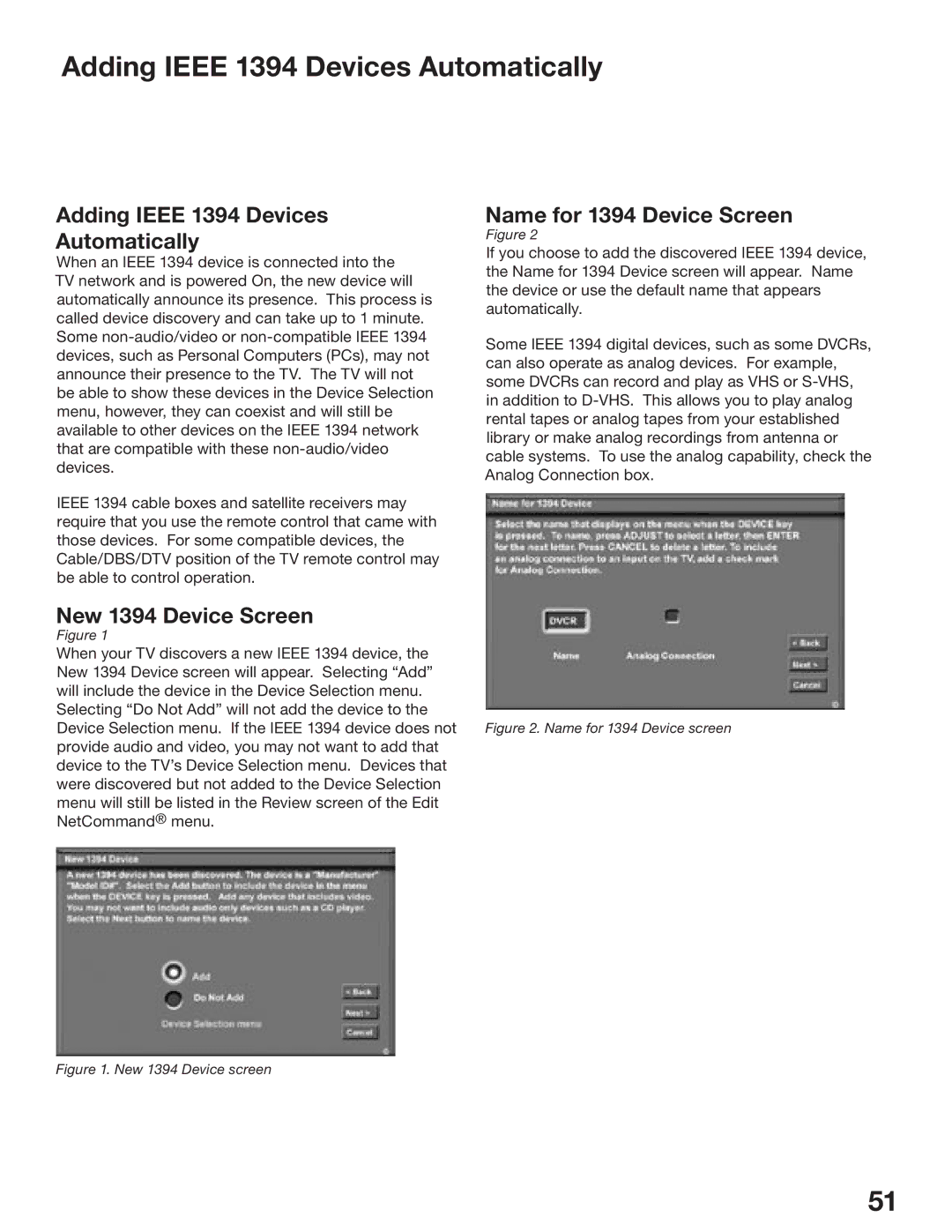 Mitsubishi Electronics WD-62825, WD-52825 manual Adding Ieee 1394 Devices Automatically, New 1394 Device Screen 