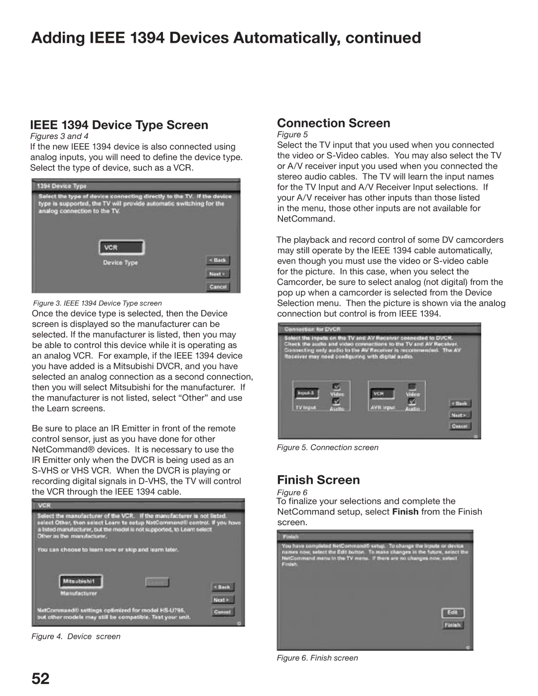 Mitsubishi Electronics WD-52825, WD-62825 manual Ieee 1394 Device Type Screen, Connection Screen 