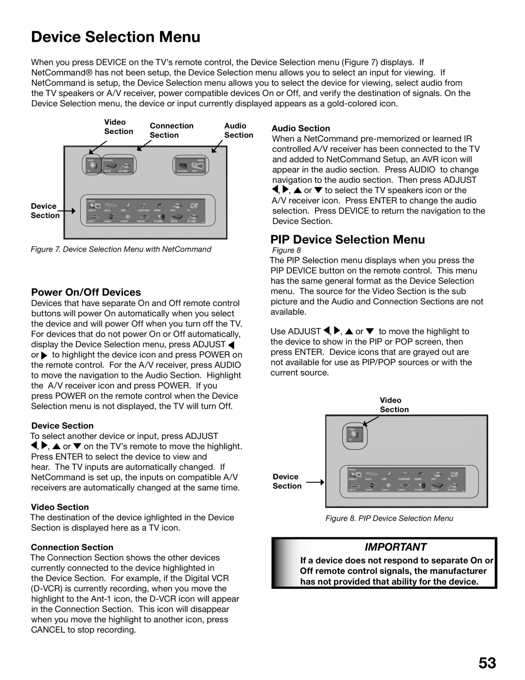 Mitsubishi Electronics WD-62825, WD-52825 manual PIP Device Selection Menu, Power On/Off Devices 