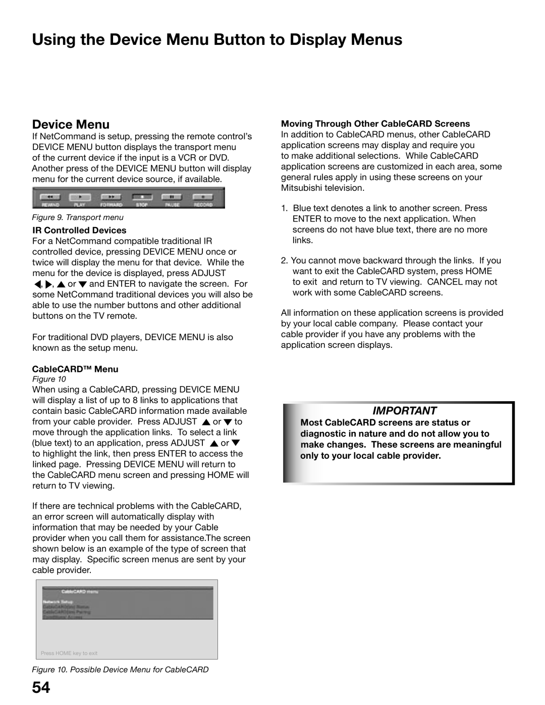 Mitsubishi Electronics WD-52825 manual Using the Device Menu Button to Display Menus, IR Controlled Devices, CableCARD Menu 