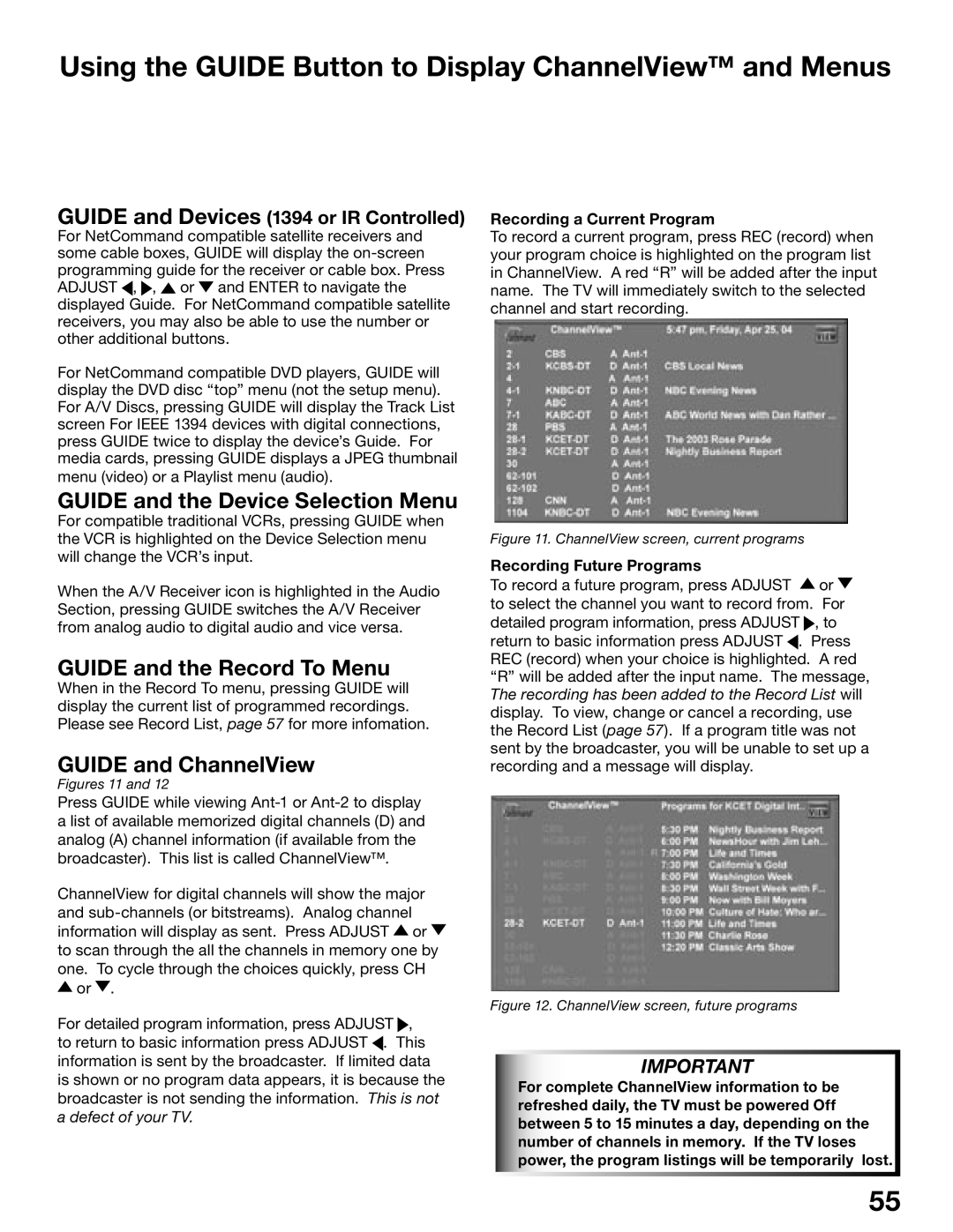 Mitsubishi Electronics WD-62825 Using the Guide Button to Display ChannelView and Menus, Guide and the Record To Menu 