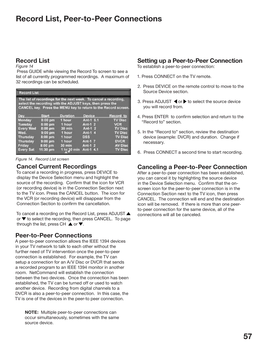 Mitsubishi Electronics WD-62825, WD-52825 manual Record List, Peer-to-Peer Connections, Setting up a Peer-to-Peer Connection 